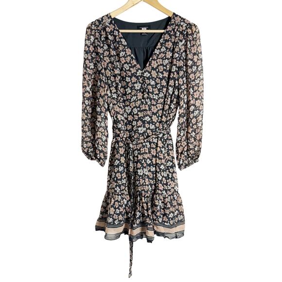 Club Monaco Silk Black Floral Print V-Neck Blouson Long Sleeve Mini Dress Sz 12 - Picture 6 of 16